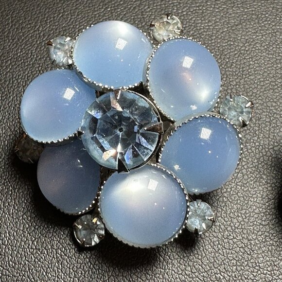 VTG Judy Lee Earrings Light Blue Moonstone Rhinestones Floral Design Clip-On - Picture 3 of 9